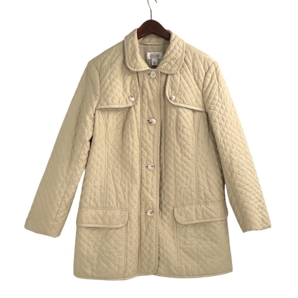 Talbots Quilted Beige Longline Jacket Womens Medium Lightweight Coat Minimalist
